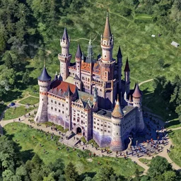 google satellite view of a psychedelic castle under siege by humans, in the style of petros afshar, ross tran, tom whalen, peter mohrbacher, artgerm