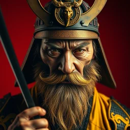 ! dream portrait of old samurai with a goat beard and small moustache, ready to fight, goth punk, vibrant yellow, colors, surreal, a french baroque by by alexander mcqueen, hyper detailed, very detailed, photograph, cinematic lighting, photorealistic, octane render, red backdrop