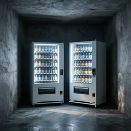 small room with vending machines, brutalist, futuristic, underground, concept art, light and shadows