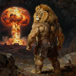 oversized muscular lion barbarian hunter full body portrait watching nuclear explosion of jupiter in background , very textured detailed oil painting by rembrandt , hard backlight , in dark cave