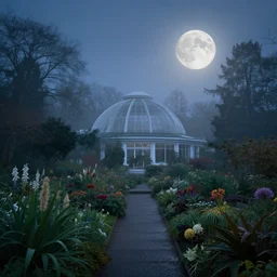 mystical kew gardens, mist, full moon, by paul lehr
