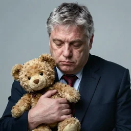 depressed viktor orban detailed face holding a teddy bear by edward hopper