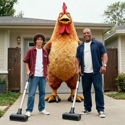 wide shot of young mike tyson and young snoop dog as door to door vacuum cleaner salesmen, behind them stands 1 0 foot tall prehistoric monster chicken