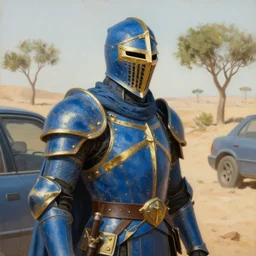 blue knight with gold accents, desert with small trees and shrubs, next to car, painting, detailed, realistic, complimentary colors, light, by richard doyle, by robert hagan, by tim hildebrandt, artstation, cinematic, dramatic lighting, close up, intricate design