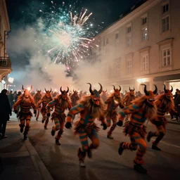 kodak portra 4 0 0, 5 0 0 mm tele lens, f 1. 2, long exposure time, award winning dynamic vivid atmospheric photograph of hundreds running chasing jumping hazardous horde of krampus, by robert capas, in muted colours, striped orange and teal, motion blur, on a street in salzburg at night with colourful exploding pyro firework and torches, fog