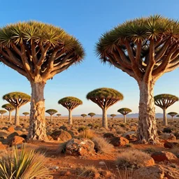 Lively landscape of a socotra island filled with socotra dragon trees realistic detailed digital art by Maxwell Boas Jessica Rossier Christian Dimi