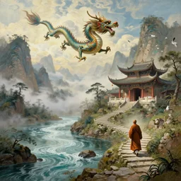 a gorgeous landscape painting by barlowe wayne, maxfield parrish and marco mazzoni. a chinese dragon is flying through the clouds and mist among the mountains. an abandoned chinese temple. birds. a lonely chinese monk walks on the winding stone steps, 3 d, octane render, turbulent blood lake, 8 k.