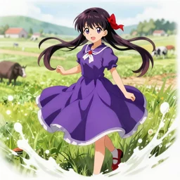 anime girl wearing purple dress, red shoes, red hair tie, extremely detailed, sharp focus, wallpaper, isekai farm. smooth digital illustration darwyn cooke, bernie wrightson, matte painting concept art, cover art, trending on arstation, pixiv. splash art