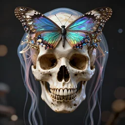 skull portrait. jellyfish butterfly phoenix head. intricate artwork by Tooth Wu and wlop and beeple and dan mumford. octane render, trending on artstation, greg rutkowski very coherent symmetrical artwork. cinematic, hyper realism, high detail, octane render, 8k, depth of field, bokeh. iridescent accents