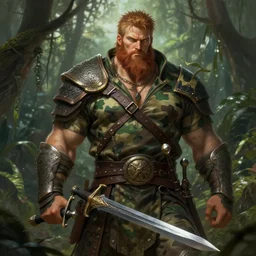 a portrait of a giga chad warrior, wearing camouflage, holding a sword, jungle, deep focus, d & d, fantasy, intricate, elegant, highly detailed, digital painting, artstation, concept art, matte, sharp focus, illustration, hearthstone, art by artgerm and greg rutkowski and alphonse mucha