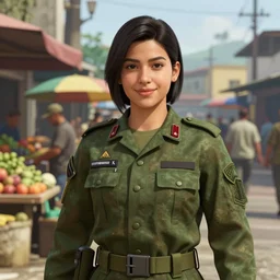 highly detailed portrait young woman colombian military soldier in gta v, street market in la colombia, happy ambience, stephen bliss, unreal engine, fantasy art by greg rutkowski, loish, rhads, ferdinand knab, makoto shinkai and lois van baarle, ilya kuvshinov, rossdraws, tom bagshaw, global illumination, detailed and intricate environment