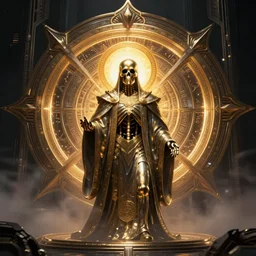 a dark sci fi matte painting portrait of a a metallic skeleton priest surrounded by huge metal mandalas and ornate metal, art deco shapes, cinematic lighting, rim light smooth, dark sci fi, unreal engine, octane render, by blizzard studios, golden rule, subject in center of frame, fog volumes, vivid color glow, cgsociety