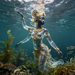 hyperrealistic precisionist cinematic half underwater scene with fish and algae, very expressive! translucent elegant african goddess getiing out of water, full body, gold jewerly, highly detailed face, digital art masterpiece, aykut aydogdu zener, dramatic volumetric light, long shot, low angle uhd 8 k, sharp focus