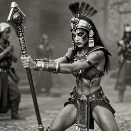 action movie scene aztec warrior princess fighting with futuristic staff, inspired by mad max and dark fantasy and fashion, beautiful  body, clean brutal blooded  symmetrical face,  brutal bloody  and sluty make up, epic,dramatic lighting, cinematic, establishing shot, extremely high detail, photorealistic,  brutal, provocative , cinematic lighting, artstation, octane render, dark fantasy ,old photo, vintage, black and white, Boris vallejo, sepia, old photography, documentary photography