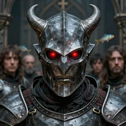medieval giger closeup face portrait of a demonic brotherhood of steel armour with red glowing eyes, nicoletta ceccoli, mark ryden, lostfish, hyung tae, frank frazetta, depth of field, detailed and intricate gothic environment, 8 k resolution, hyperrealistic, octane render