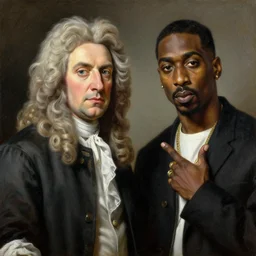 a realistic neoclassical painting of sir isaac newton and tupac shakur, oil on canvas, brilliant detail, exquisite