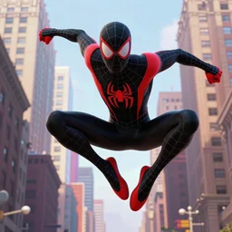 exciting matte painting of a 3 d full body character illustration of miles morales spiderman from into the spiderverse swinging through brooklyn new york with screentones and chromatic abberation, black and red color scheme costume, miles morales!!!, into the spiderverse, spiderverse, 8 k, octane render, spiderman costume, in the style of sony pictures animation, movie poster, smooth, well proportioned body, realistic proportions