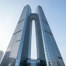 single skyscraper with innovative and interesting architecture and design, skyscraper courtyard, showing entire building, gap at top, photorealistic, slick, smooth, modern, futuristic, glassy, reflective streamlined