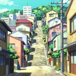 city street, sloped street, city on tall hillside, street scene, aquamarine shading panels above street, cel - shading, 2 0 0 1 anime, flcl, jet set radio future, golden hour, japanese town, concentrated buildings, japanese neighborhood, electrical wires, cel - shaded, strong shadows, vivid hues, y 2 k aesthetic