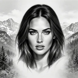 tattoo design sketch of megan fox face against a background of beautiful mountains and nature, hyper - realistic, in the style of den yakovlev, amazing detail, black and white