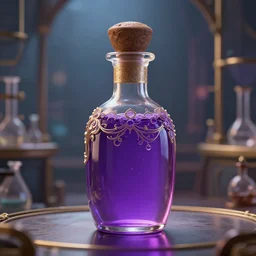 hyper realistic poison bottle, purple liquid inside. background is an ancient laboraory. perfect lighting. hyper detailed, item concept, intricate, elegant, fantasy digital painting, artstation, smooth, sharp focus cgsociety masterpiece
