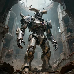 Techno-God is an ancient mechanical giant horned God standing inside a dilapidated abandoned colony-cylinder O\'Neill, fantastic art, extremely high detail, 8k, ultra realistic, hyperrealism
