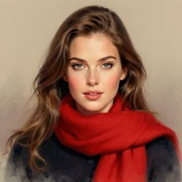portrait of a beautiful woman with a red scarf, by greg rutkowski, rossdraws, thomas kinkade, trending on artstation