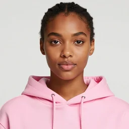 black young woman in pink hoodie, studio photo, close up