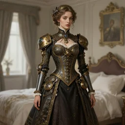 woman model, intricate steampunk clothes, in a bedroom!!!!!!!!!!!!!!!!!!!!, elegant, highly detailed, digital painting, artstation, concept art, smooth, sharp focus, illustration, art by krenz cushart and artem demura and alphonse mucha