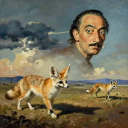 surrealistic painting of a dream that includes a fennec hunting by dali