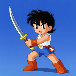 11-year-old boy with crazy hair holding scimitar, boy going on adventure, Nintendo Famicom boxart, 1987 video game boxart