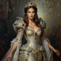 the portrait of adriana lima as queen in intricate dress by roberto ferri, fantasy, witcher, very detailed oil painting, masterpiece, 8 k