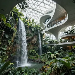 lush tropical rainforest with waterfall, interior of bright atrium with lots of natural light, parametric biophilic architecture, atmospheric, zaha hadid and frank gehry inspired, octane 8 k,