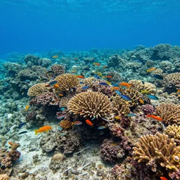 photo of a shallow coral reef with food swimming around instead of fish, colorful, vibrant, caustics, blue water, realistic, detailed, 8k, hd, award winning photo,