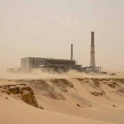 Ruins of a power plant on desert cliffs in the midst of a sandstorm, created by Ruxing Gao