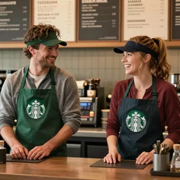bucky barnes and natasha romanoff working at starbucks, as played by sebastian stan and scarlett Johansson, coworkers, starbucks aprons and visors, daytime, at the counter, laughing, warmth, friendship, cinematic, ambient lighting,, 8k, scene
