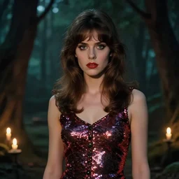 seventies slim young horror actress, sequin top, candlelit forest, strong line, deep color, beautiful! coherent! by brian froud