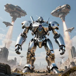 highly detailed portrait photo of a giant chrome plated robotic golurk in a scenic dystopian environment. a fleet of even bigger massive spacecrafts lift off in the background, starting engines nitro jet drive, hyperrealistic illustration by william didier - pouget