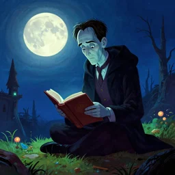 cultist of innokentiy at 3 a. m. learning in lovecraft style, colorful, epic, big moon, game style