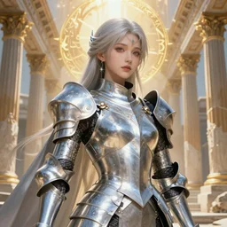 portrait knights of Zodiac girl, silver and ice color reflected armor, in ruined Agora of Athens, ssci-fi, fantasy, intricate, very very beautiful, elegant, golden light, highly detailed, digital painting, artstation, concept art, smooth, sharp focus, illustration, art by WLOP and tian zi and alphonse mucha