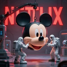graphic art of dystopian futuristic 1 0 mechanic surgeons in space suits, operate on a huge mickey - mouse! severed - head!! held by a crane. ominous glowing red netflix!!! sign in the background, trending on art station, beeple!!, clean concept art, smooth, octane render