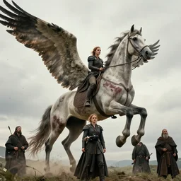 wide - shot | dslr | emma watson | as a valkyrie warrior | giant winged horse | scarred | arrows filling the sky | by victor nizovtsev, john blanche and werner herzog | fantasy | highly detailed | north mythology | realism | film | cinematic 4 k |
