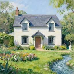 A beautiful cottage with a lush front yard, with a flower patch and a flowing river in the style of Monet