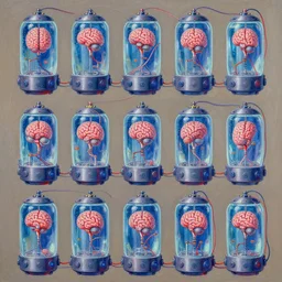a solar punk painting of 9 rows of futuristic cryonic see through tanks with brains in them attached to wires.