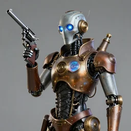 a portrait of a robot holding a revolver, steampunk, holographic