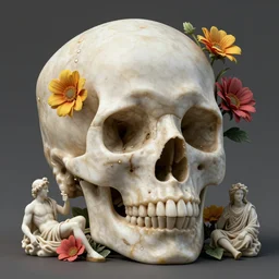 hyper realistic 3 d render of marble skull with colorful flowers by michelangelo and donatello,