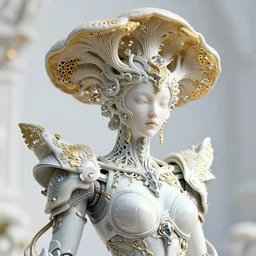 intricate hyper detailed ultra sharp 3 d render of a beautiful smooth porcelain fascinating woman portrait, medium shot portrait, beautiful natural bright light, cyberpunk white silver armor, alexandre ferra mecha, haute couture huge fractal gold mycelum and crystal pore fungi embroidered head ornaments, leaves stems filigree roots, art nouveau, octane render, volumetric cinematic lighting, 8 k, vray tracing