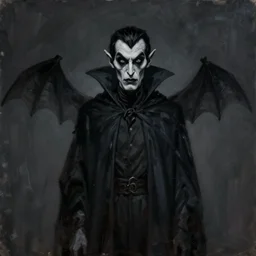 a vampire wearing a long black robe with large bat ears huge black eyes and gray skin, character art, painting by zdzisław beksinski