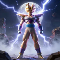 photorealistic full shot of Broly at moonlight, lightning bolt, apocalyptic background, by Akira Toriyama, high detail, unreal engine 4k volumetric light, fog,
