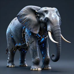 hyper realistic cybertronic elephant. high details. complex mechanical body. blue led. cyberpunk style, intricate, trending on art station, 8 k render.